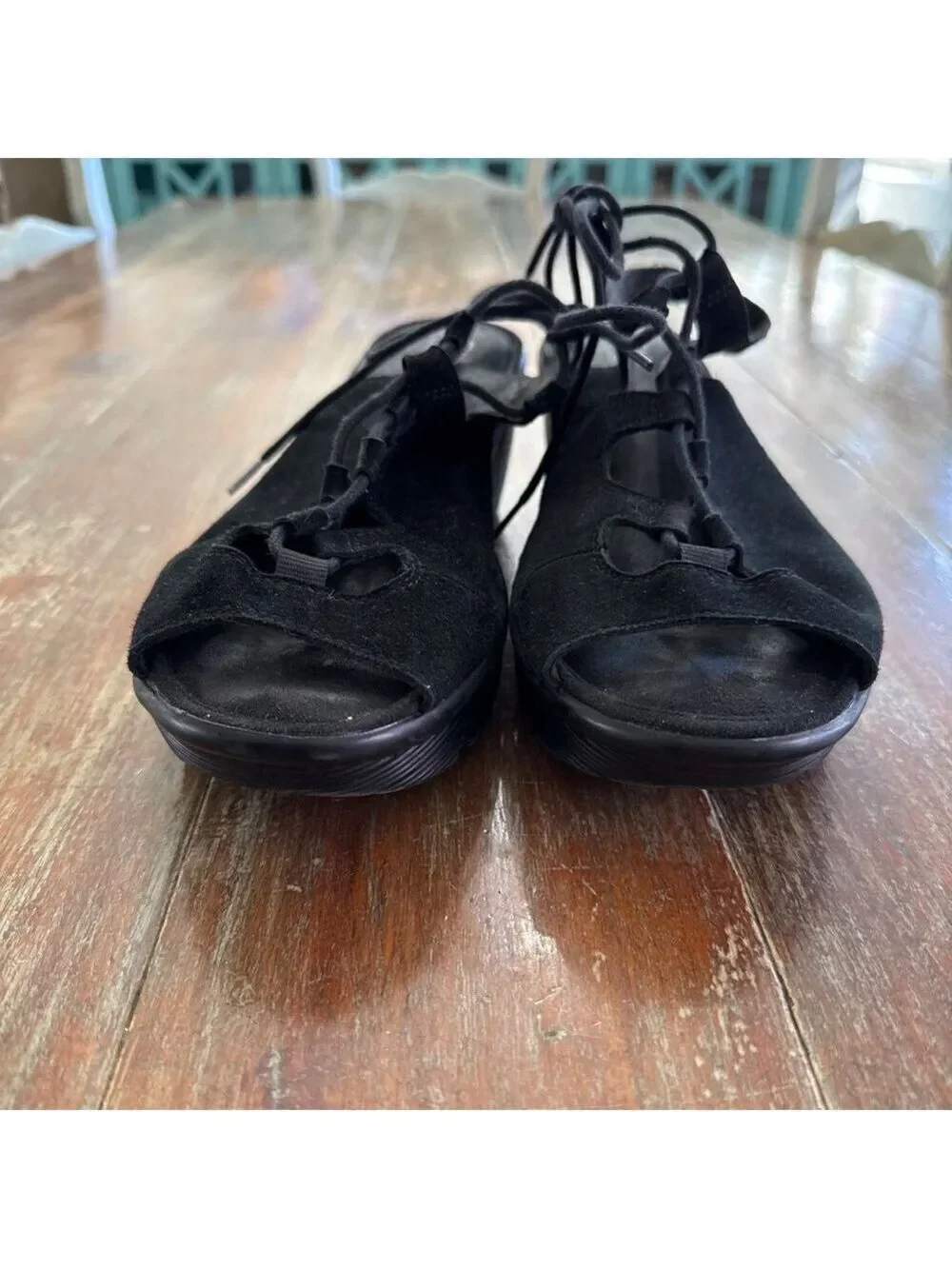 Skechers Black Suede Ghillie Lace-Up Peep Toe Wedges - Women's Size 9.5